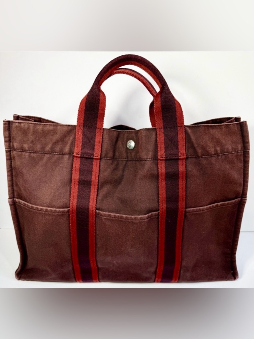 Hermes Brown Canvas Tote with Red and Burgundy Straps